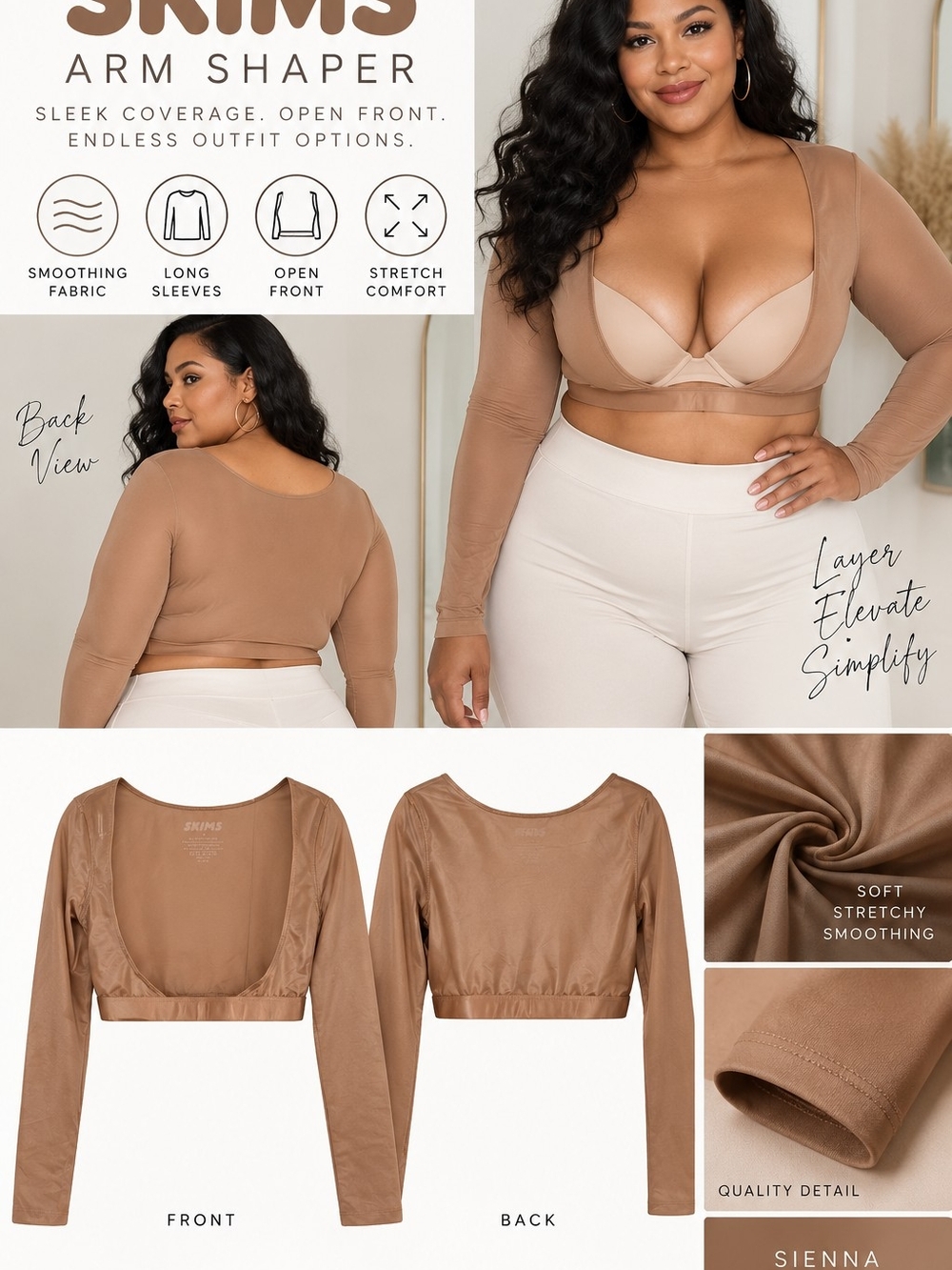 SKIMS Sienna Open-Front Long Sleeve Crop Arm Shaper - Sienna - S
